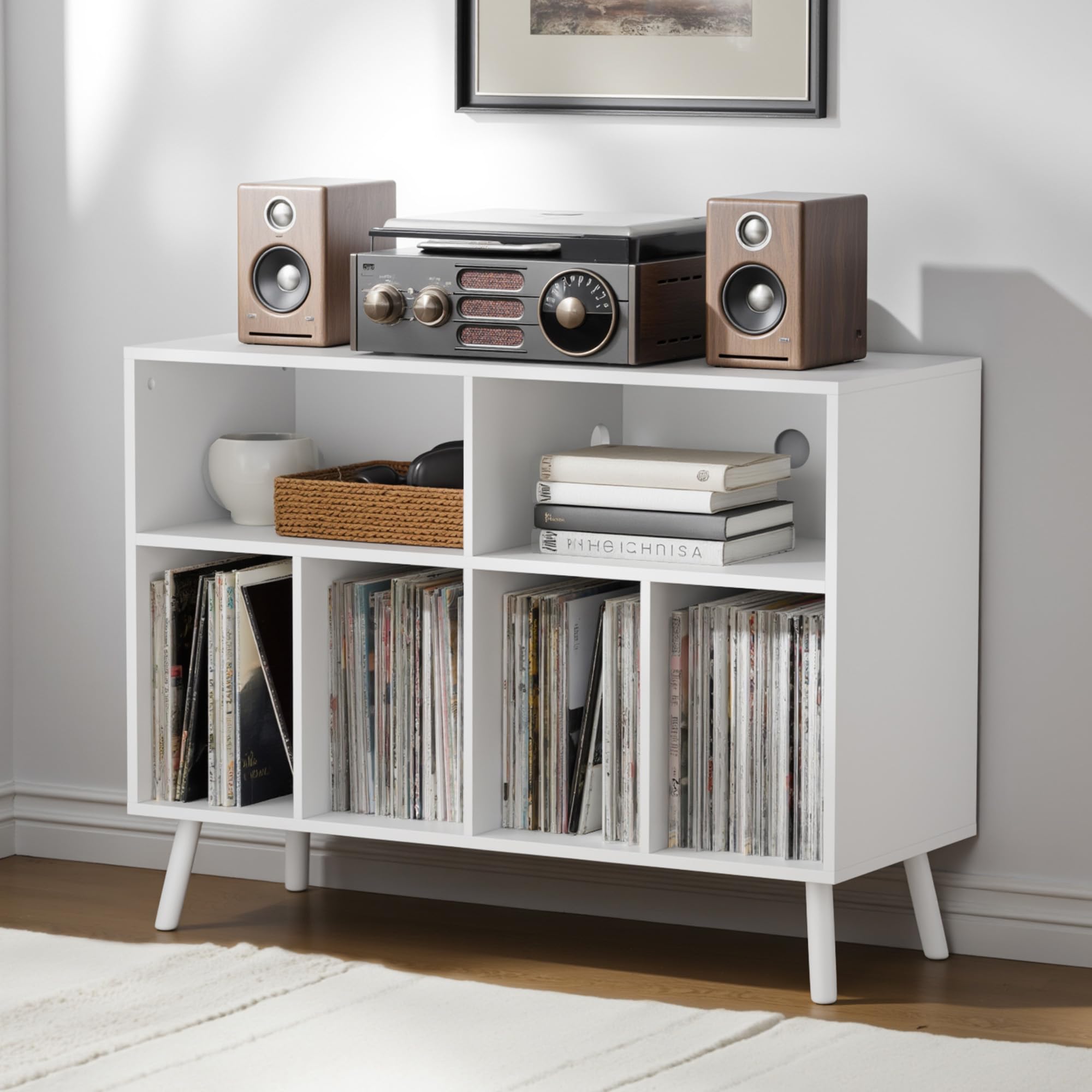 AUREUM OPAL Record Player Stand with Vinyl Storage Cabinet, Wood Turntable Table Open Shelf Holder Up to 350 Albums Cube Storage Organizer for Living Room, Office, White