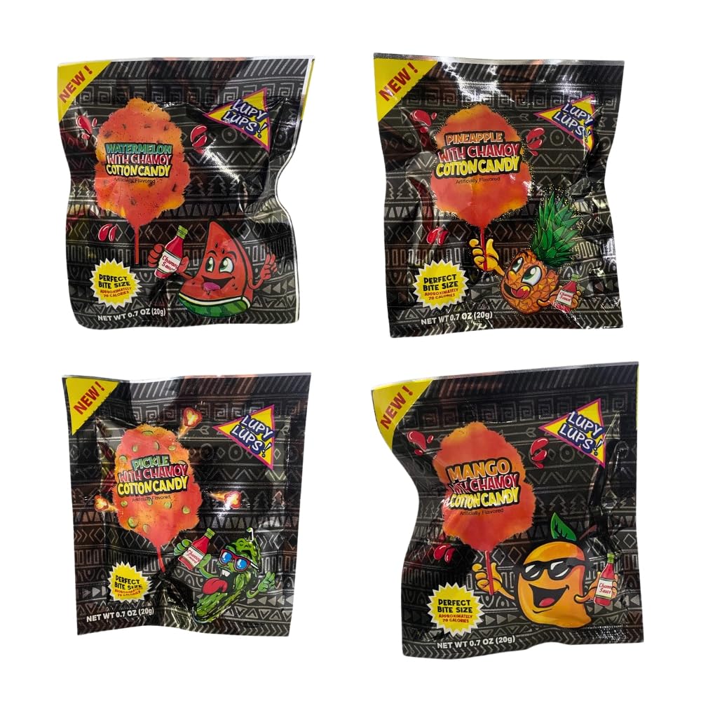 Lupy Lups! Chamoy Spice Line Cotton Candy Variety 24 Pack -mini bags 0.7 oz each – 4 Flavors-Watermelon, Pickle, Pineapple & Mango-Packaged for Retail