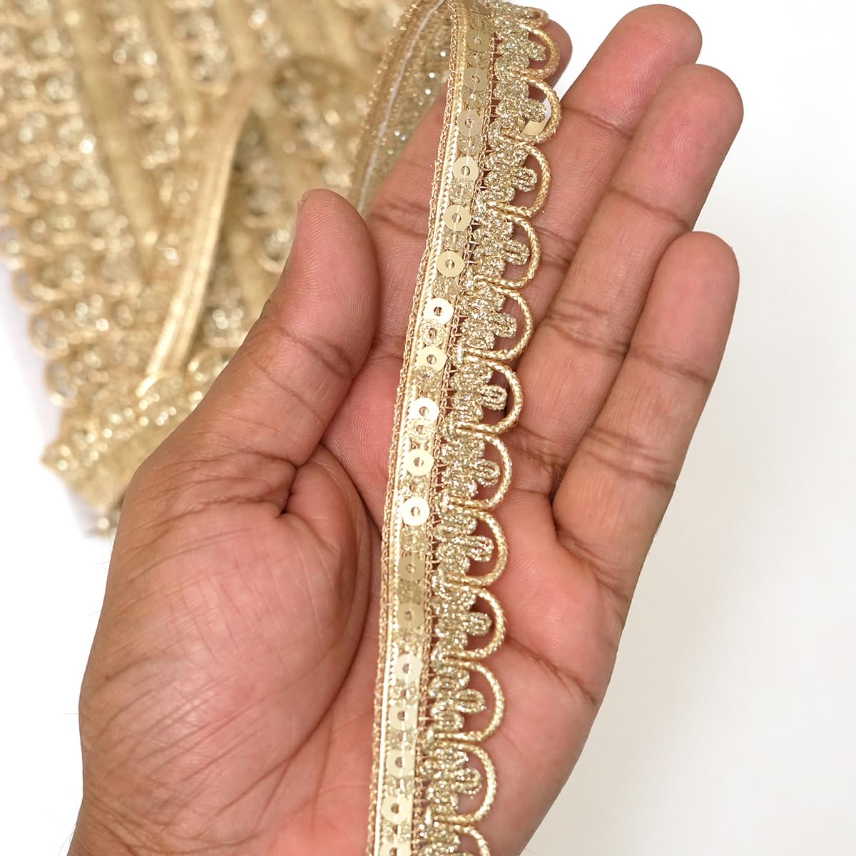 EmbroideryMaterial Sew on Laces and Border Material Light Gold Shiny Zari & Shiny Sequins Trim Lace for Saree Border, Suit, Kurta, Dupatta, Blouse, Gown & Lehenga (2 CM Wide, 18 Meters Long)