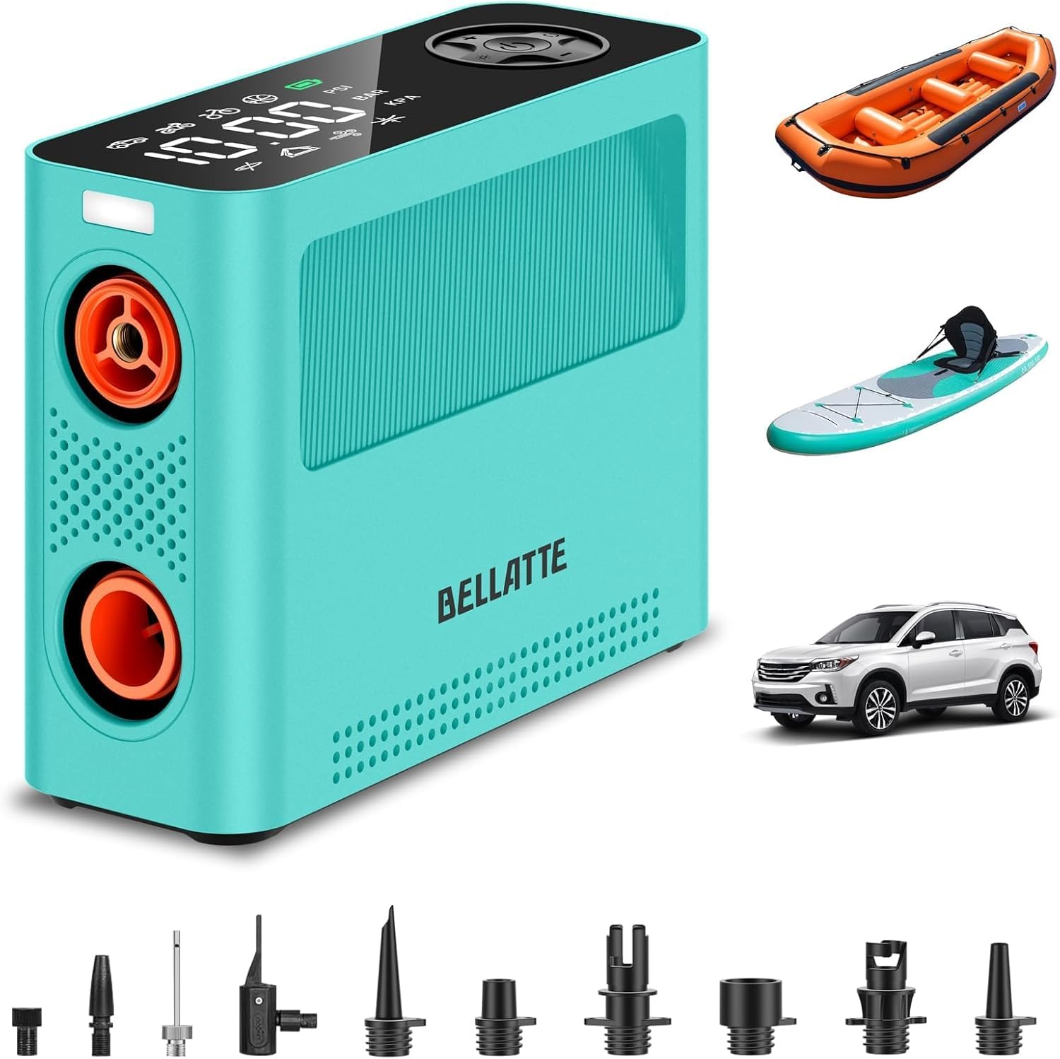 Bellatte Sup Pumpe Elektrisch Akku, 150PSI Elektrische Luftpumpe mit 15000mAh, Inflate & Deflate, Auto-Off, Type-C & 12V DC, Elektrische Luftpumpe für Stand Up Paddle, Boote, Kajaks, Reifen