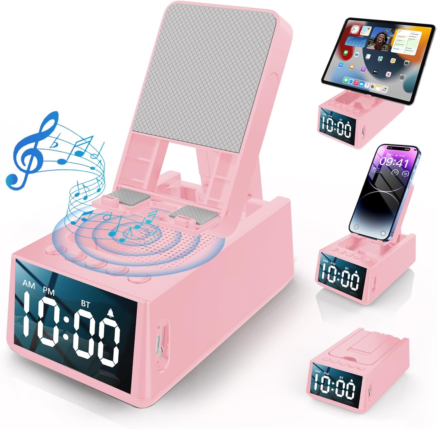 Adjustable Phone Stand with Built-in Bluetooth Speaker, Portable with Non-Slip Base, Unique Gifts, Tech Gifts for Men, Cool Gadgets for Home and Outdoor Use (Pink)