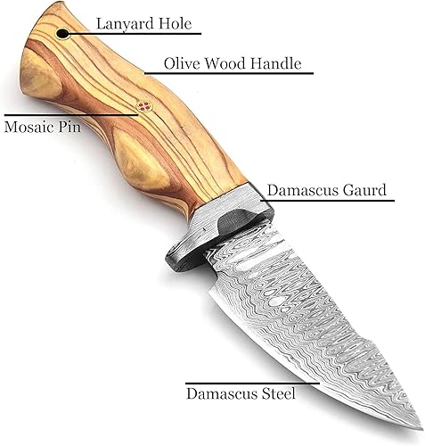 Miniatura 2 de Cuchillo de caza de 9.15 pulgadas, cuchillos de caza hechos a mano de Damasco con funda de cuero, agarre antideslizante, cuchillo de hoja fija