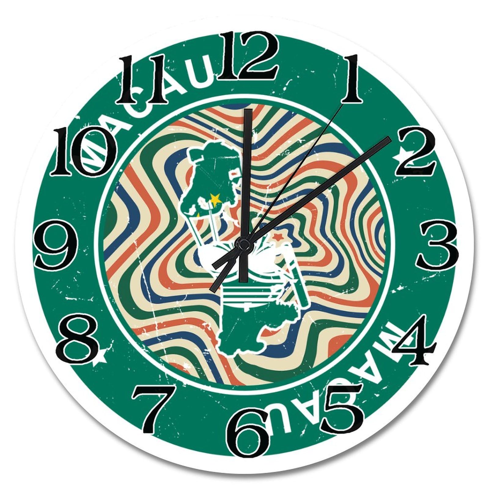 Horloge murale Macao ronde de 38 cm avec carte rétro et drapeau coloré