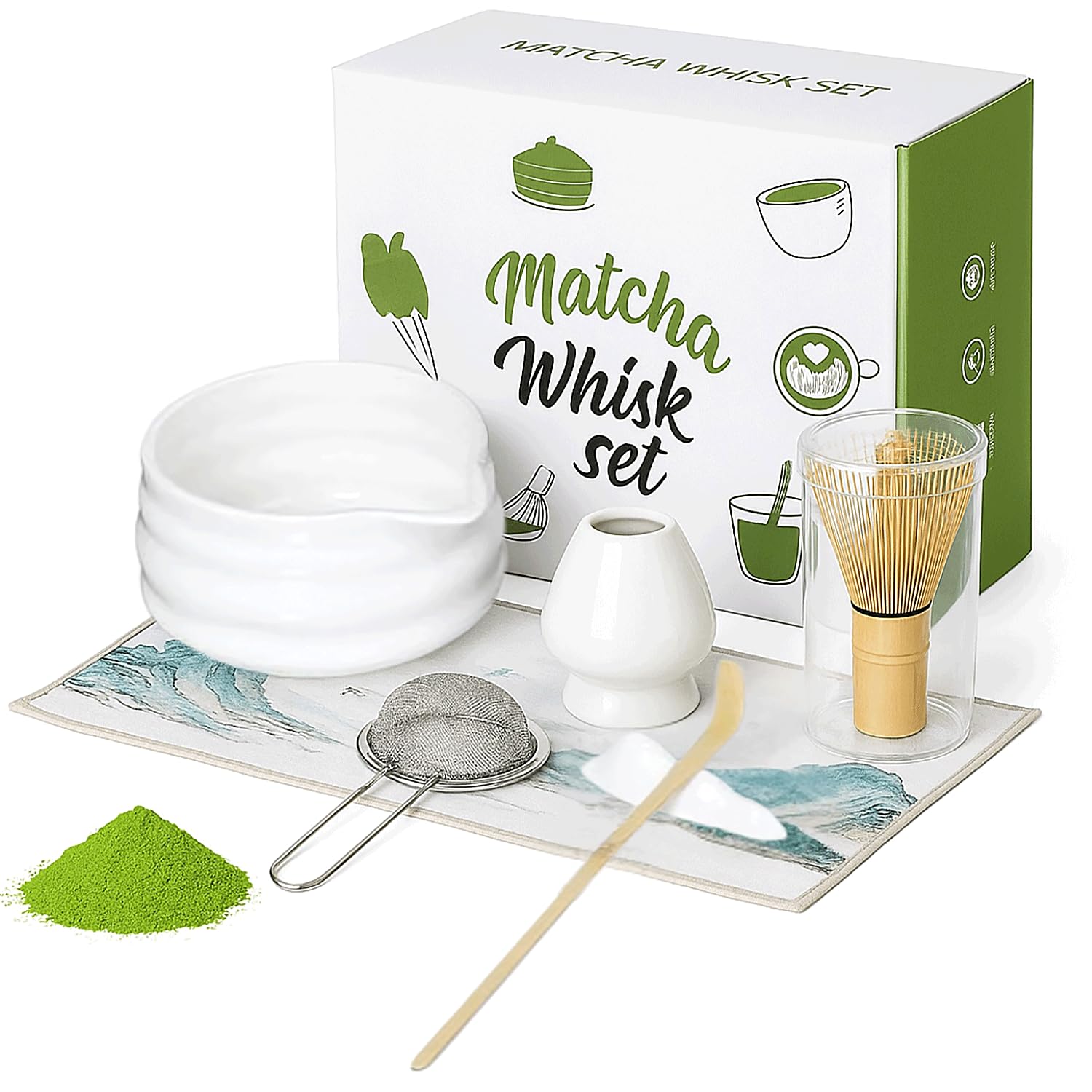 Matcha Whisk Set, 7pcs Matcha kit with Matcha Bowl, Bamboo Scoop, Strainer, Whisk Holder & Cloth, Matcha Sifter for Tea Ceremony, Whisk Starter Kit for Matcha Lovers White