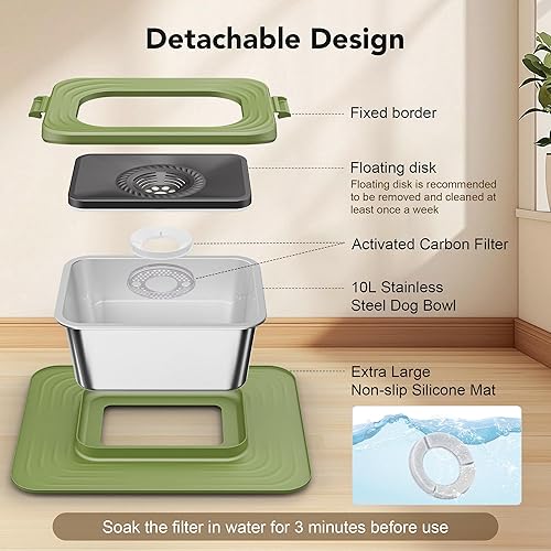 Miniatura 7 de Decflow Cuenco de agua para perros de acero inoxidable de 10 L, sin derrames, antisalpicaduras con alfombrilla de silicona XXL, alimentador lento a