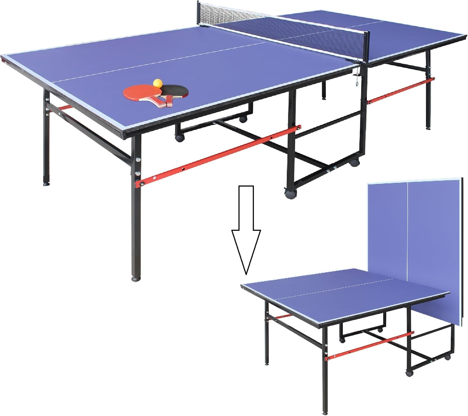 Mid-Size Table Tennis Table, Foldable & Portable Professional Ping Pong Table for Indoor & Outdoor Games with Net, 2 Table Tennis Paddles and 3 Balls,Easy to Assemble (Blue, 8FT)