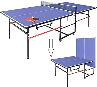 Mid-Size Table Tennis Table, Foldable & Portable Professional Ping Pong Table for Indoor & Outdoor Games with Net, 2 Table Tennis Paddles and 3 Balls,Easy to Assemble (Blue, 8FT)