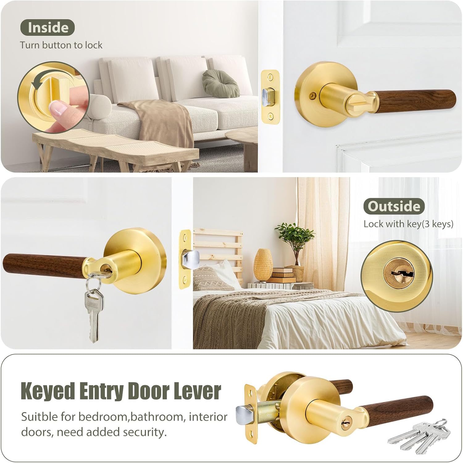 Walnut Wood Entry Door Lever - Secure Keyed Reversible Lever for Front Entrance & Bedrooms Gold Room Door Lock Zinc Alloy Base (1 Pack, Stain Brass, Keyed)