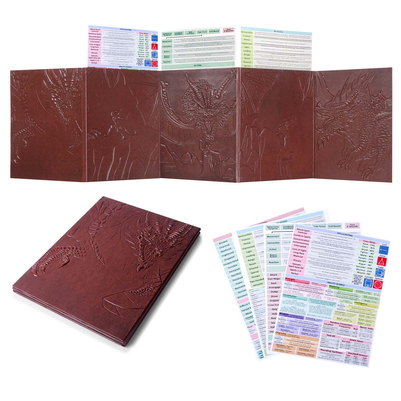 Famard DND DM Screen 5e with 5 Panels, 3D Embossed Faux Leather Dungeon Master Screen with Clear GM Pockets, Dungeons and Dragons Accessories for DND Lovers