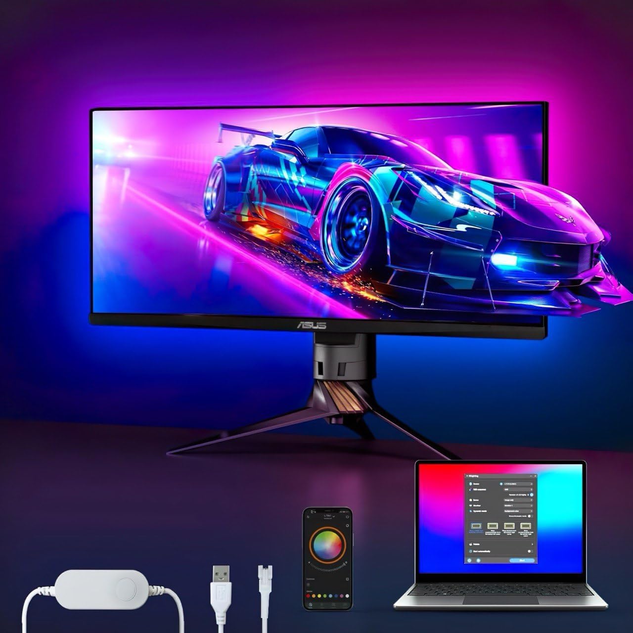 Mitsuko Phantom G3 Monitor Backlight, RGB Screen Sync LED Light Strip for Monitors, Ambit Software for Windows & Mac, Self-Adhesive, Works on Curved Screens, USB Powered (21-24 Inch)