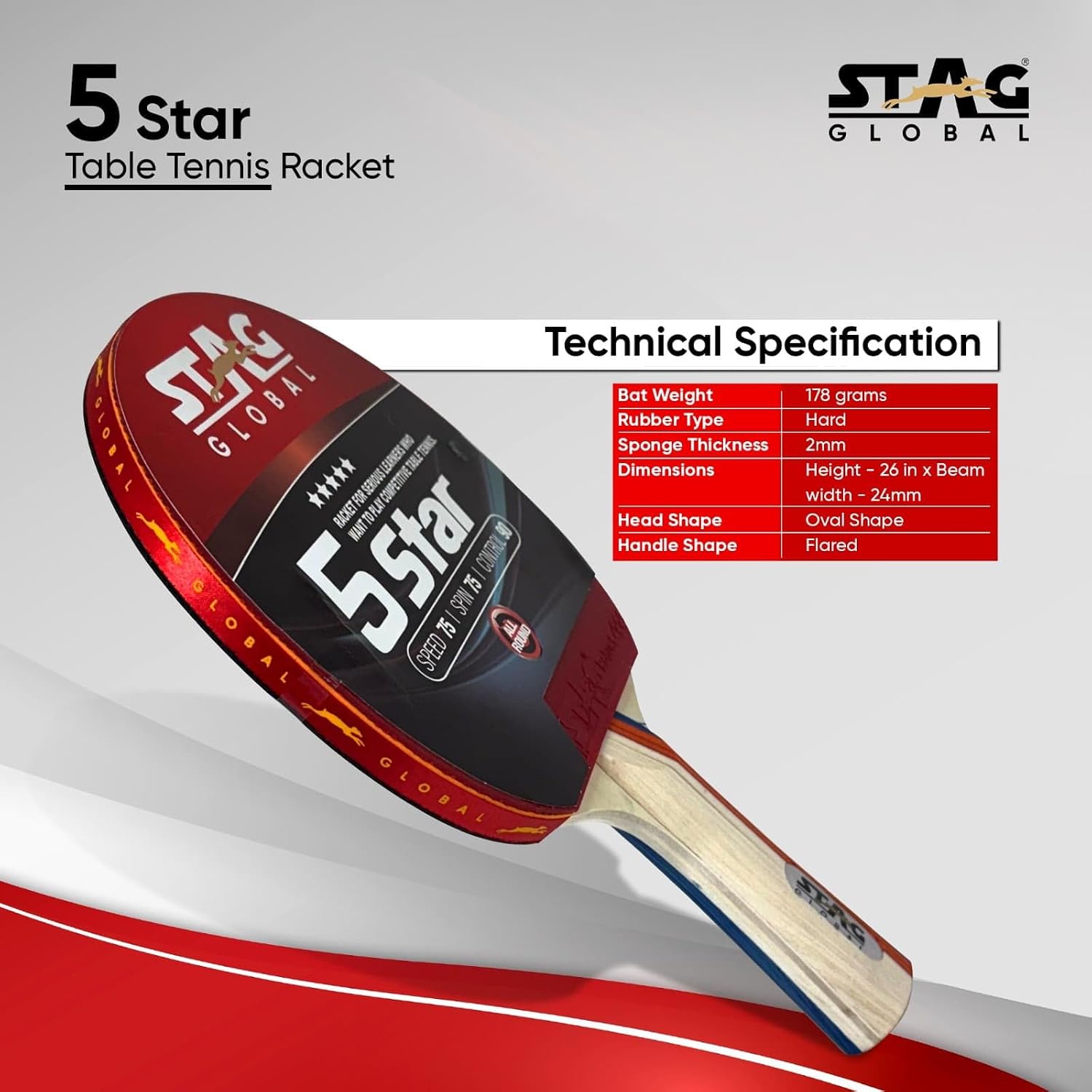 STAG GLOBAL Table Tennis Racket, Professional and Intermediate Level, High Speed and Spin Control, Lightweight