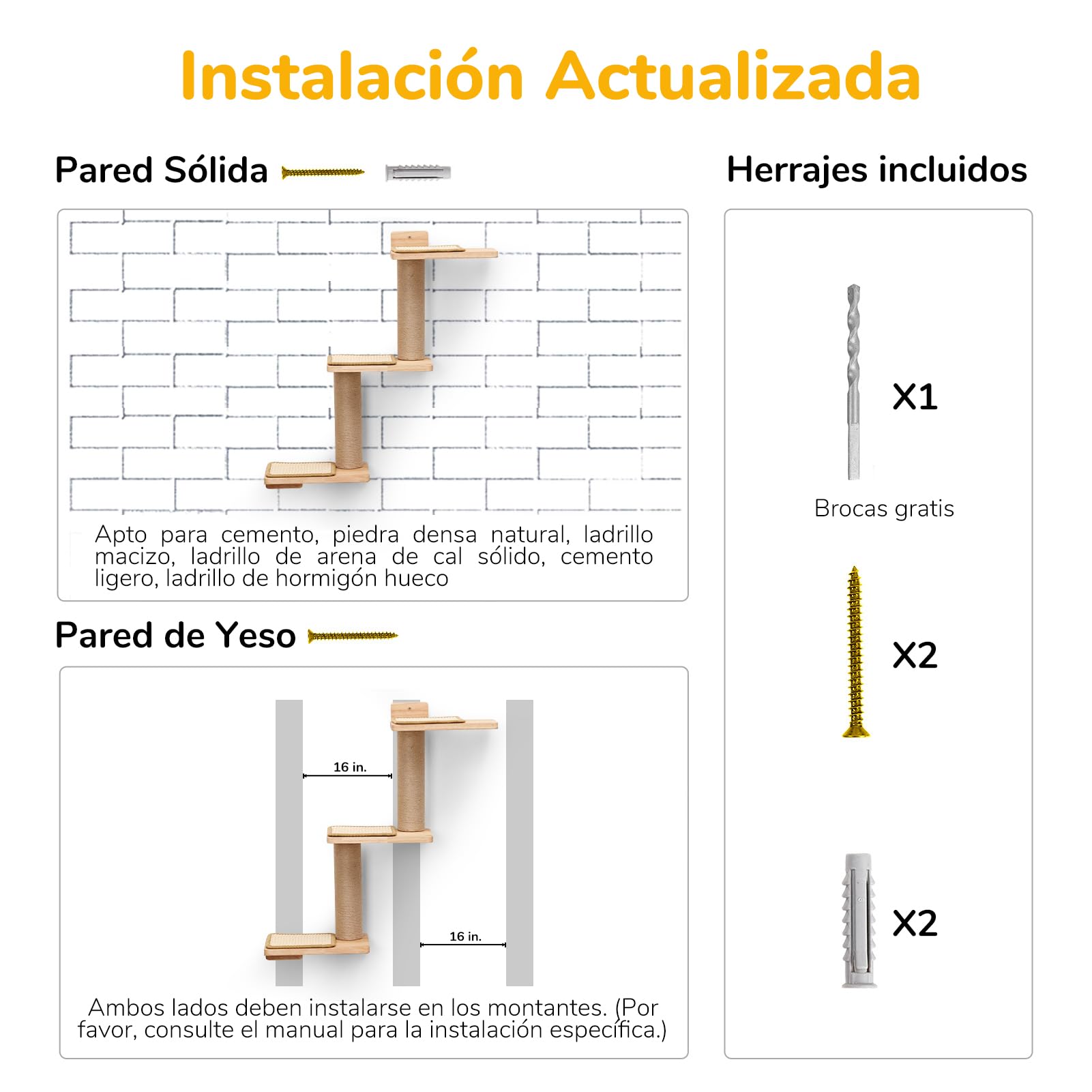 FUKUMARU Estantes de Pared para Gatos en Madera de Goma y Yute, 3 en 1 transformable con 3 tapetes para Rascar de Sisal, Montado en Pared, Adecuado para Escalar, Jugar y arañar
