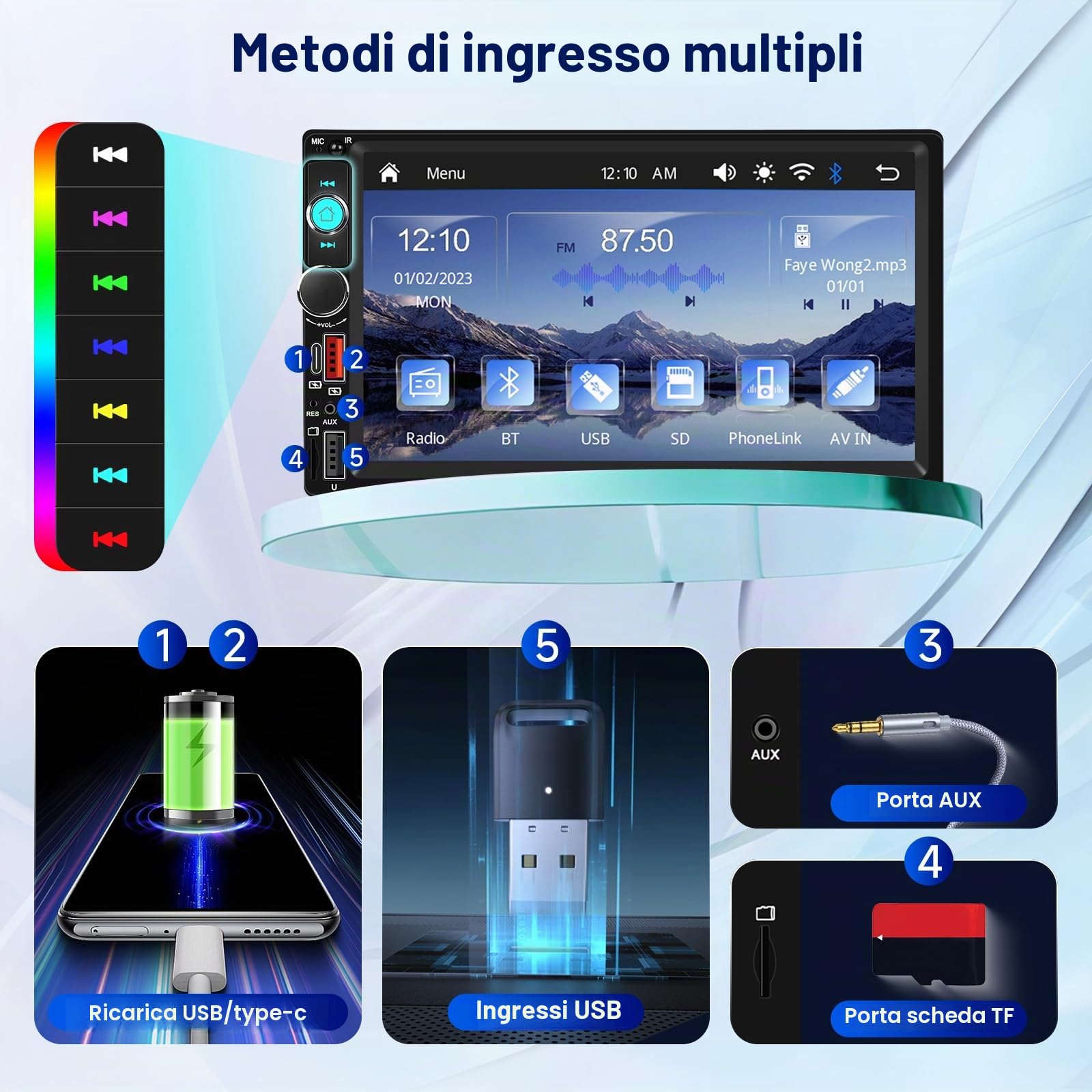 Hodozzy 2 Din Autoradio con Bluetooth Wireless Carplay e Android Auto, 7 Pollici Touch Screen 2 Din MP5 Stereo Auto con Schermo Radio FM, Mirror Link Riproduzione Video Tipo-C/USB/TF con Retromarcia