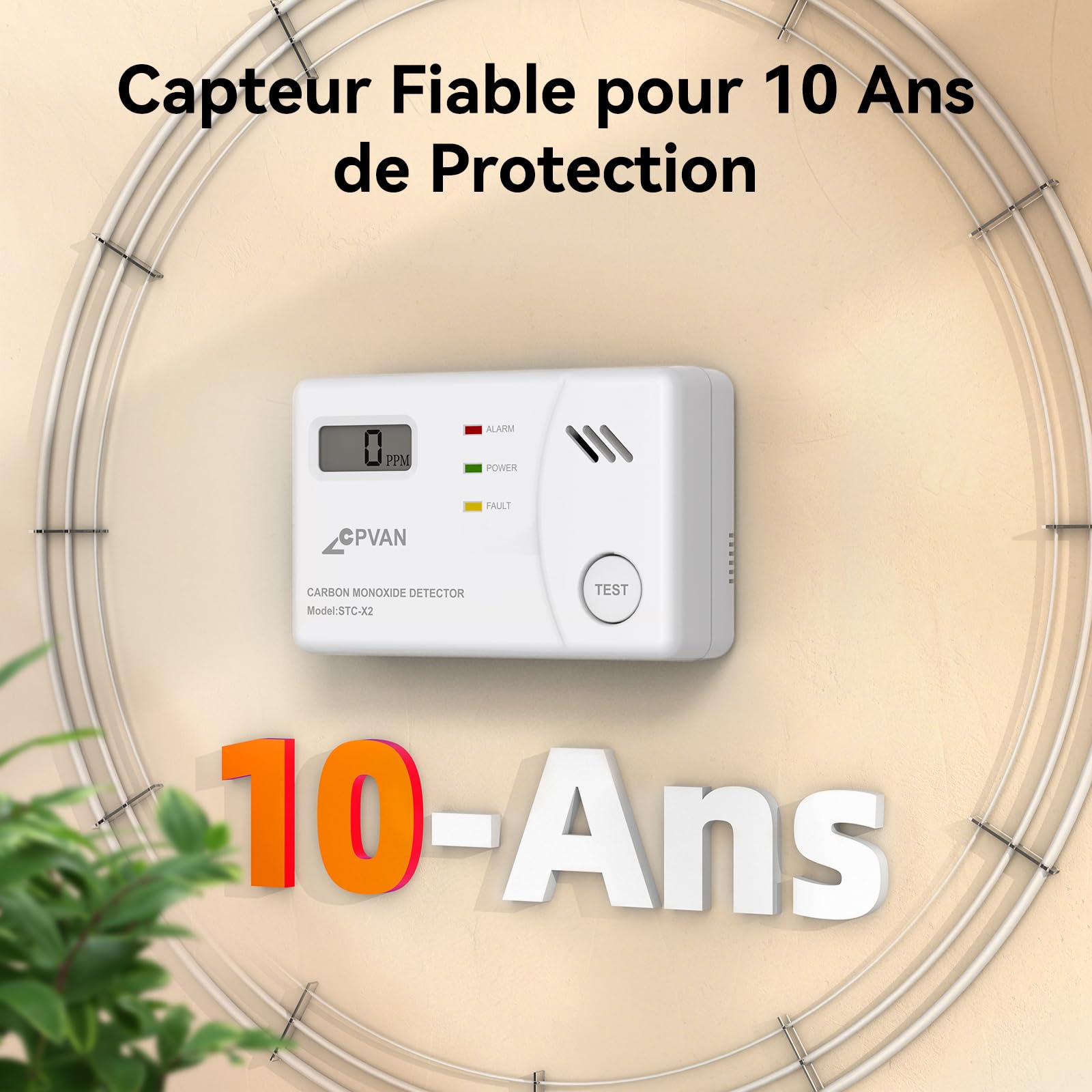 CPVAN Détecteur de Monoxyde de Carbone avec Capteur de 10 Ans, Détecteur de CO à Piles Remplaçables et Affichage Numérique avec Bouton de Test, Conforme à la Norme Européenne EN50291, 1 Pièce
