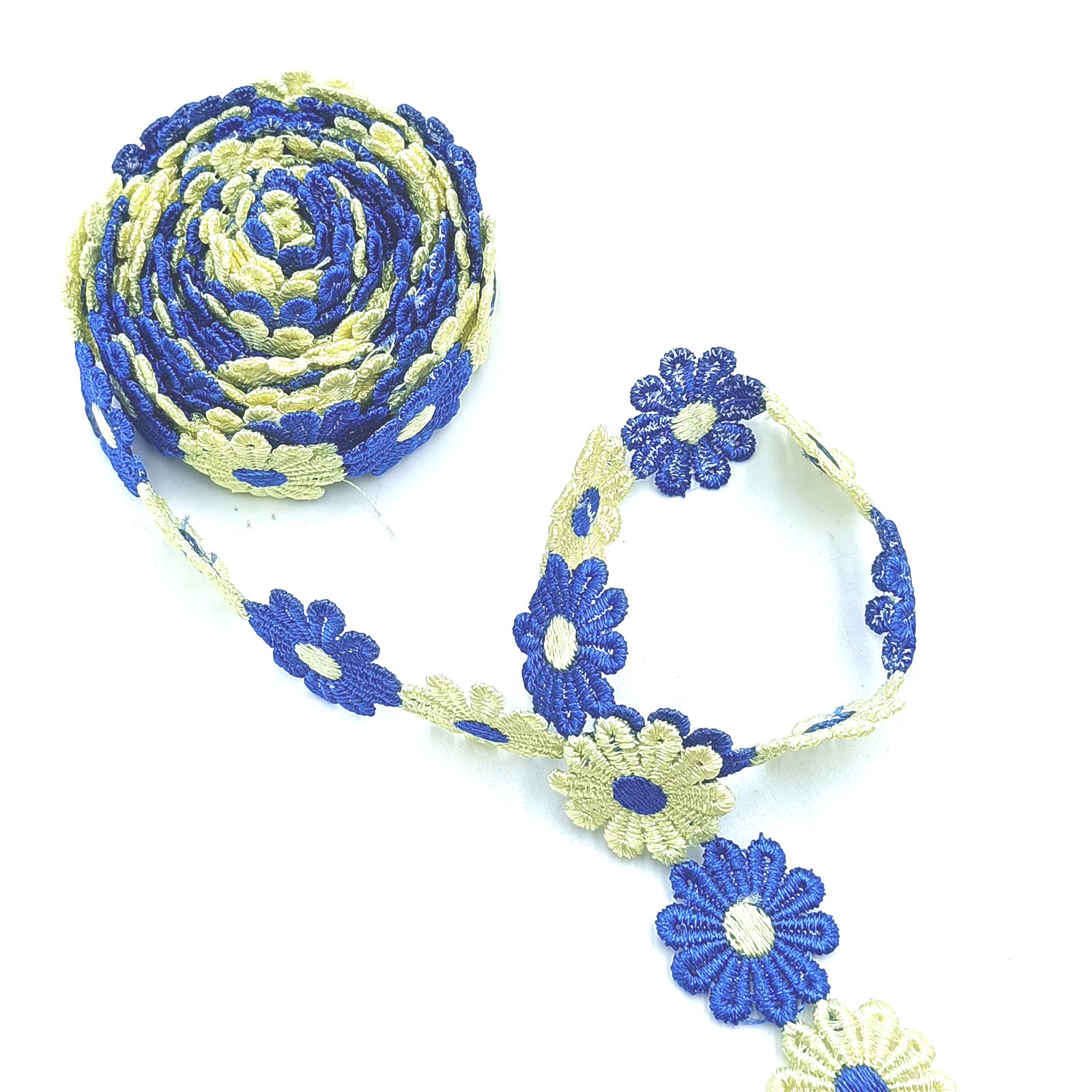 YOOGCORETT 3 Yards Colorful Daisy Decorating Flower Lace Sun Flower Ribbon Wedding Embroidered Trim Vintage Lace Ribbon, for DIY Craft Handmade Make Sewing Supplies 25mm/ 1"Inch Wide (Blue Yellow)