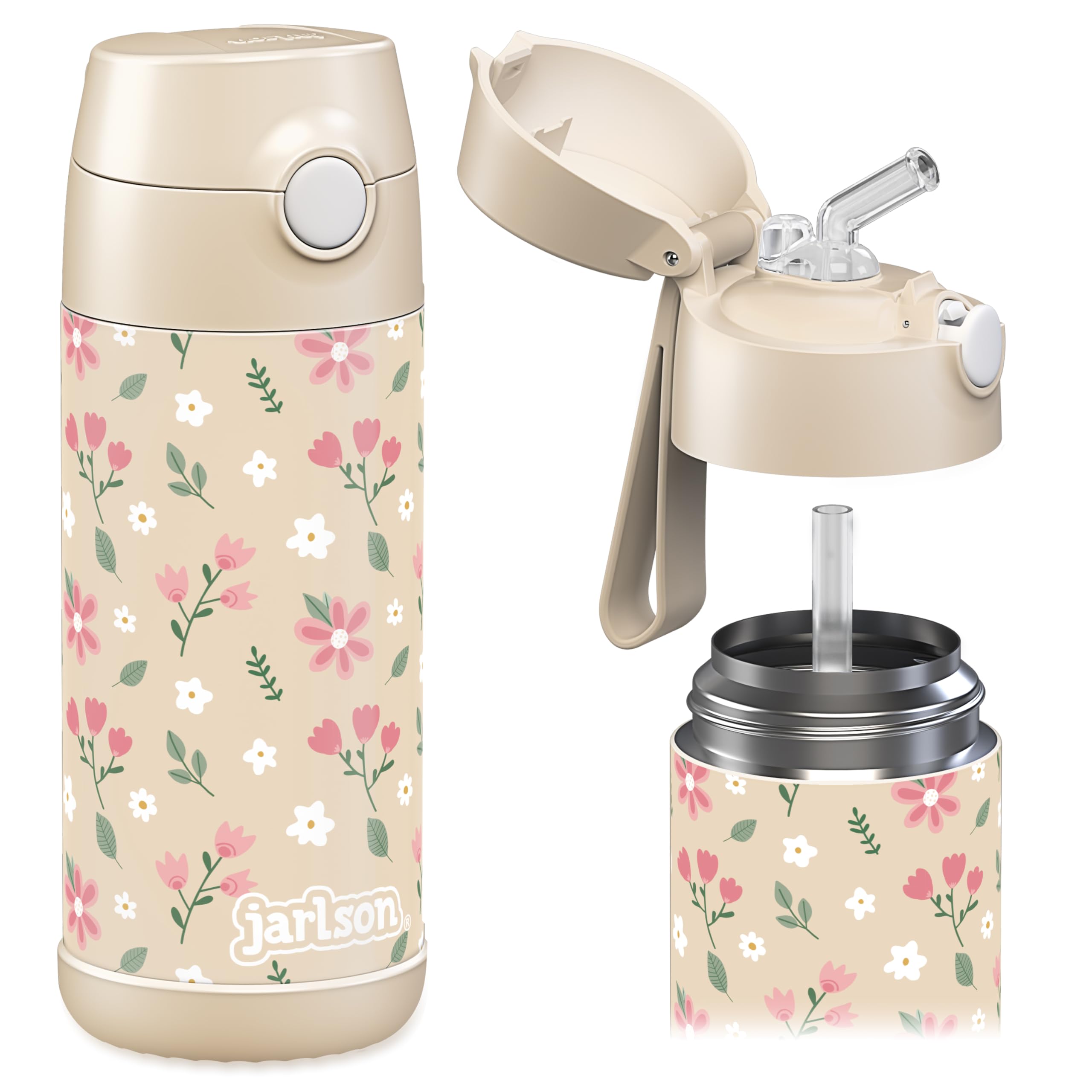 Jarlson® Trinkflasche Kinder Edelstahl Charli [MIT STROHHALM] - Thermosflasche Auslaufsicher - Thermoskanne - Water Bottle Kids - Thermo Trink Flasche für Schule & Kindergarten (350ml, Blumen)