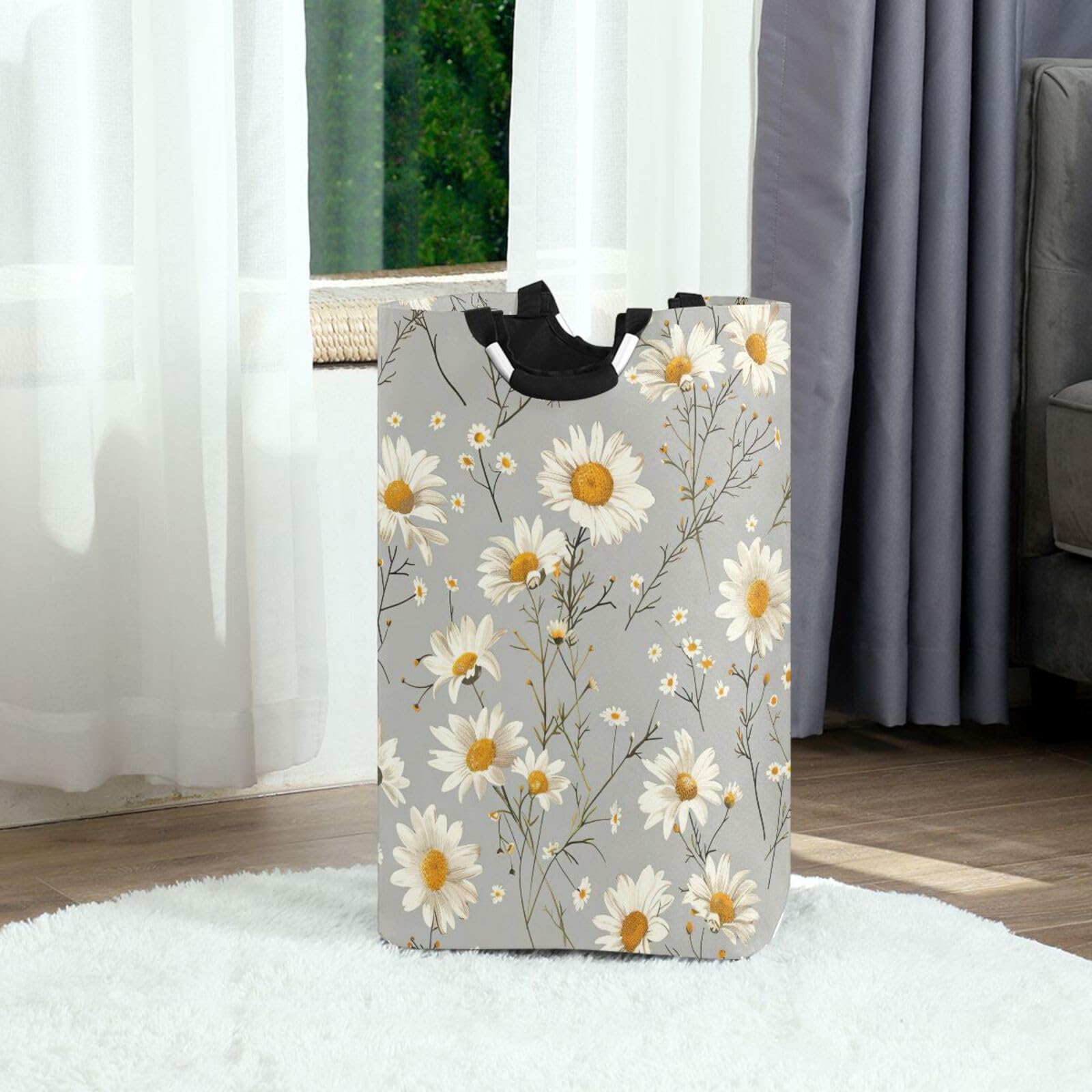 Jihqo Laundry Hamper Basket Elegant Daisy Collapsible Nursery Storage Bin Waterproof Clothing Baskets for Home Bedroom Bathroom Washing Room