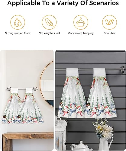 Miniatura 4 de Toalla de mano de muñeco de nieve de Navidad con lazo para colgar, árbol de Navidad, pájaros, copo de nieve, juego de 2 toallas colgantes para