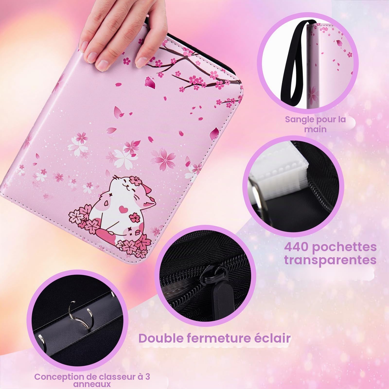 CLOKORIA Classeur pour Filles - Porte Cartes Avec 440 Emplacements, 55 Pages - Organisateur de Cartes TCG et Sport, Album à Collectionner Rose (Chat)