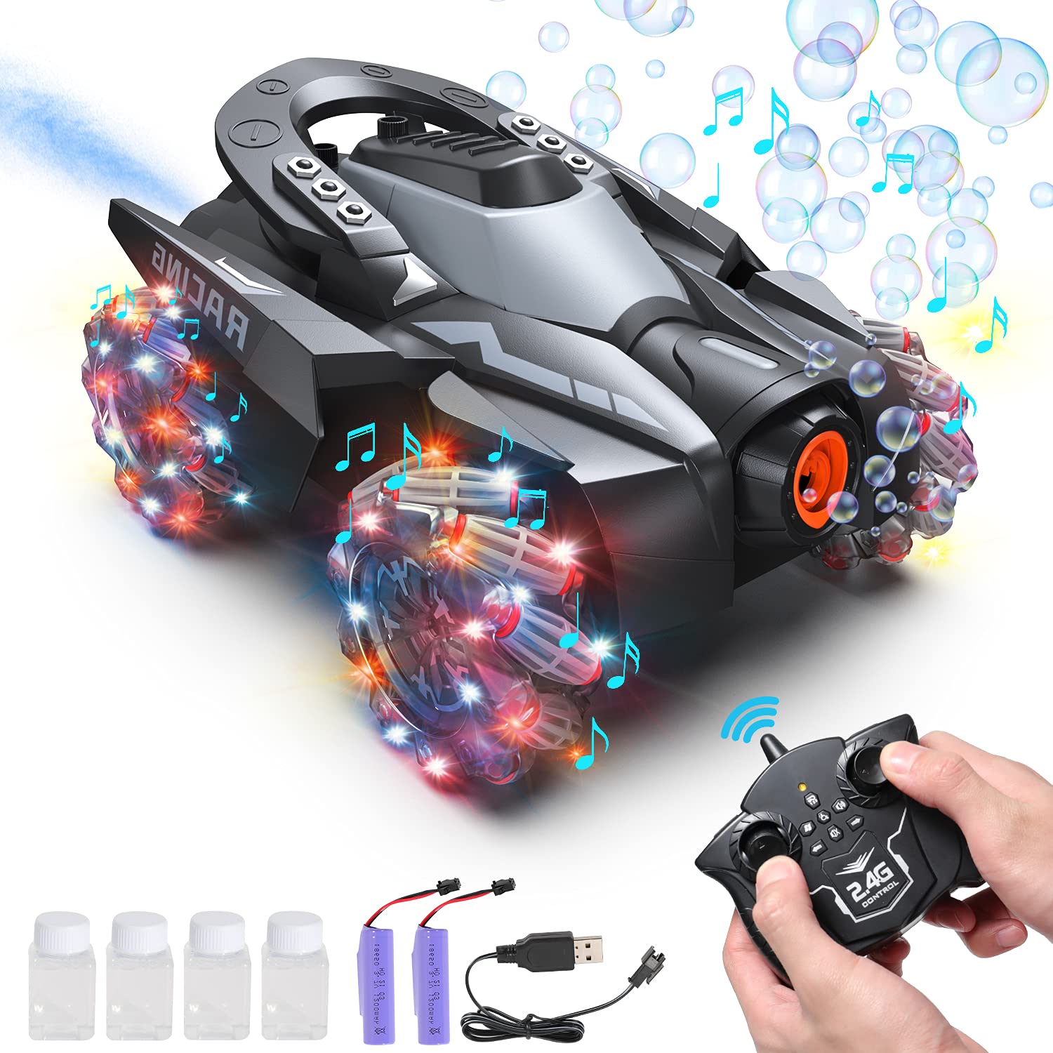 Craghill Remote Control Car for Boys, with Auto Bubble Blower Machine, 1:12 Scale Drift Stunt RC Car 2.4GHz, Outdoor Bubble Maker Toys for Kids Christmas Birthday Gift Over 6 Years Old