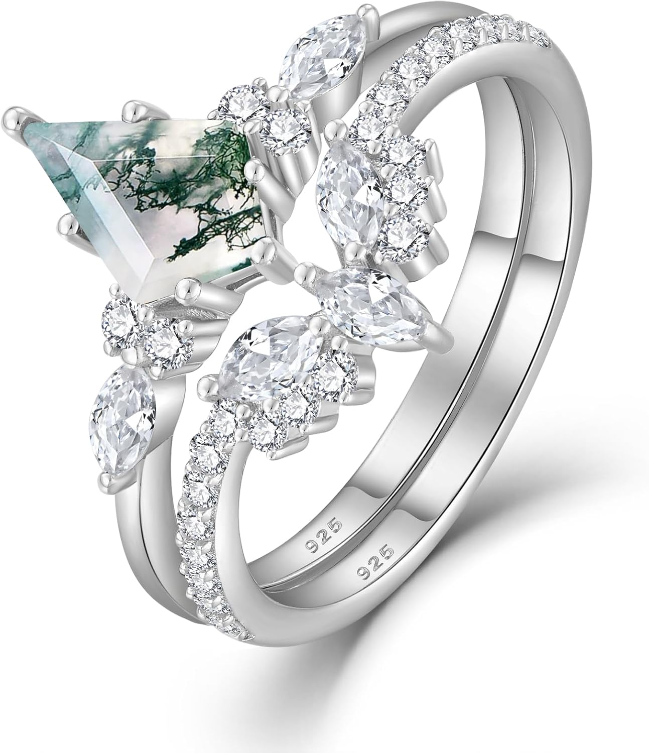 Fahonie Natural Moss Agate Ring for Women 925 Sterling Silver Kite Cut Moss Agate Engagement Ring Set Moissanite Promise Rings Wedding Band Birthday Anniversary Jewelry Gift for Her