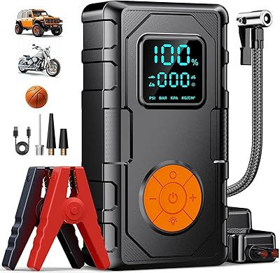 Jump Starter with Air Compressor, Battery Jumper Starter Portable Jump Box,Car Battery Jump Starter 8.0 Gas/7.0L Diesel 12V Portable Car Jump Starter with Tire Inflator, LED Light,Gift for Man