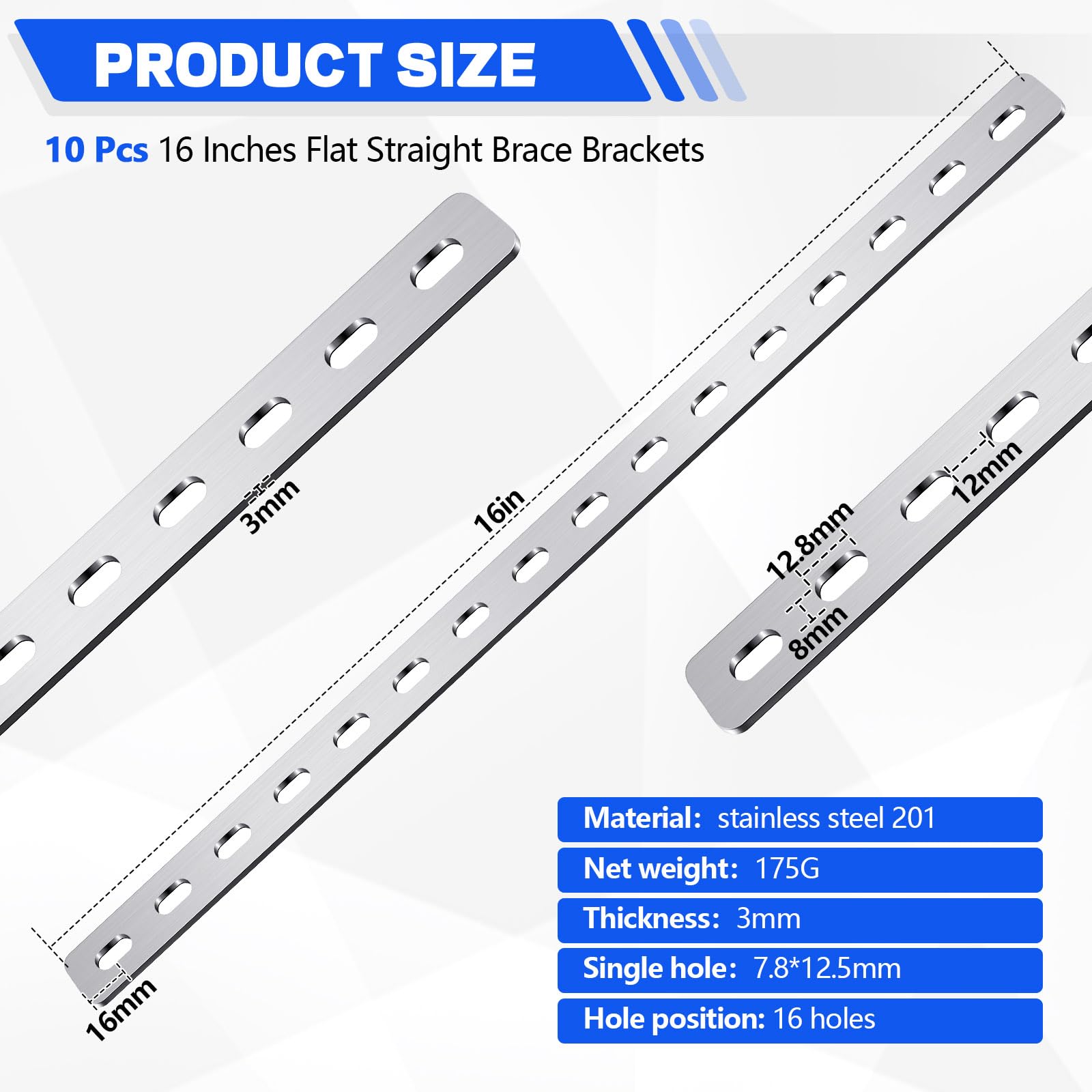 WHAMVOX 12 Pcs Straight Brace Stainless Steel Flat Brace Straight Braces Straight Brackets Metal Flat Straight Mending Plate For Furnitures