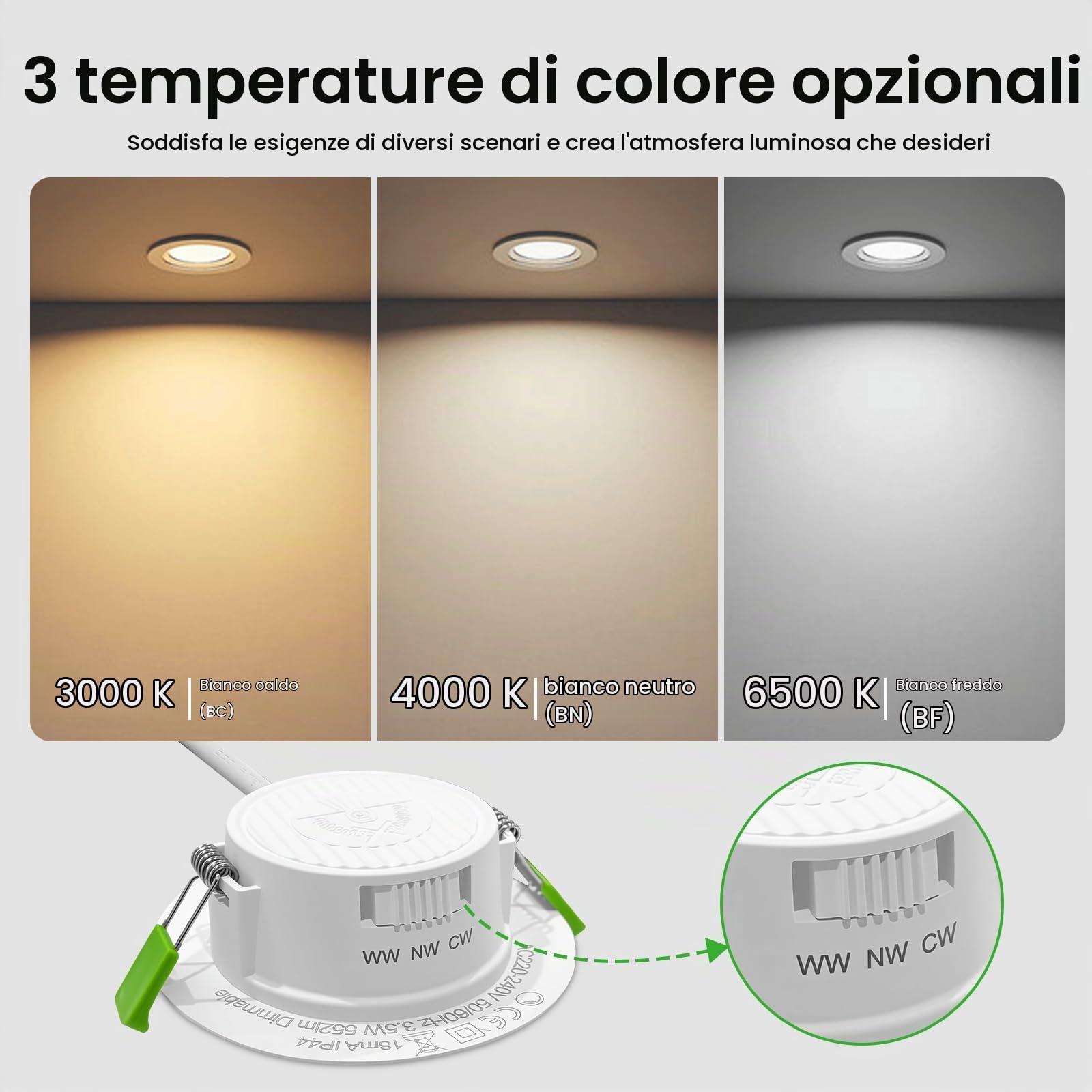 GY Set da 12 Classe B Faretti LED da Incasso per Cartongesso Dimmerabil, 3.5W 552LM Faretti LED Soffitto 3000K Caldo 4000K Neutro 6500K Freddo Regolabili, IP44 Luci da Incasso per Bagno, Φ65-80mm