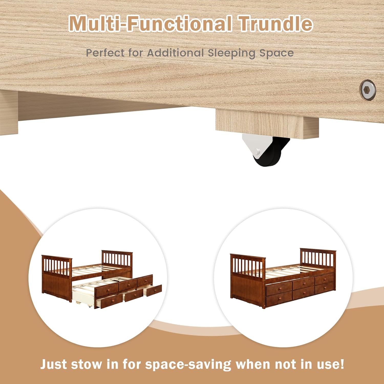 Multi-functional trundle bed being stowed in and out