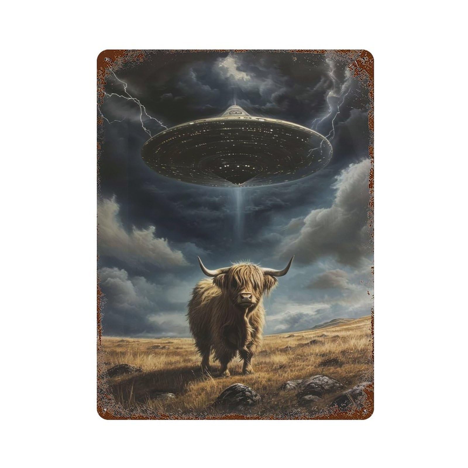 Highland Cow UFO Abduction Aged Metal Wall Plaque 15.7"x11.8", Industrial Home Decor for Pub, Kitchen And Man Cave Decor