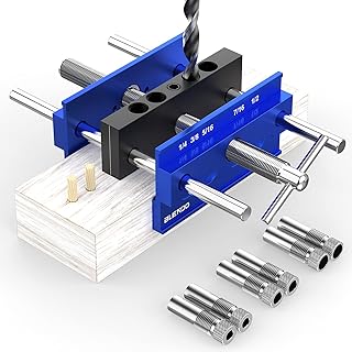 Upgraded 6.7 inch Self Centering Doweling Jig Kit, Drill Jig For Straight Holes Biscuit Joiner Set With 6 Drill Guide Bushings, Adjustable Width Drilling Guide Power Tool Accessory Jigs (Blue)