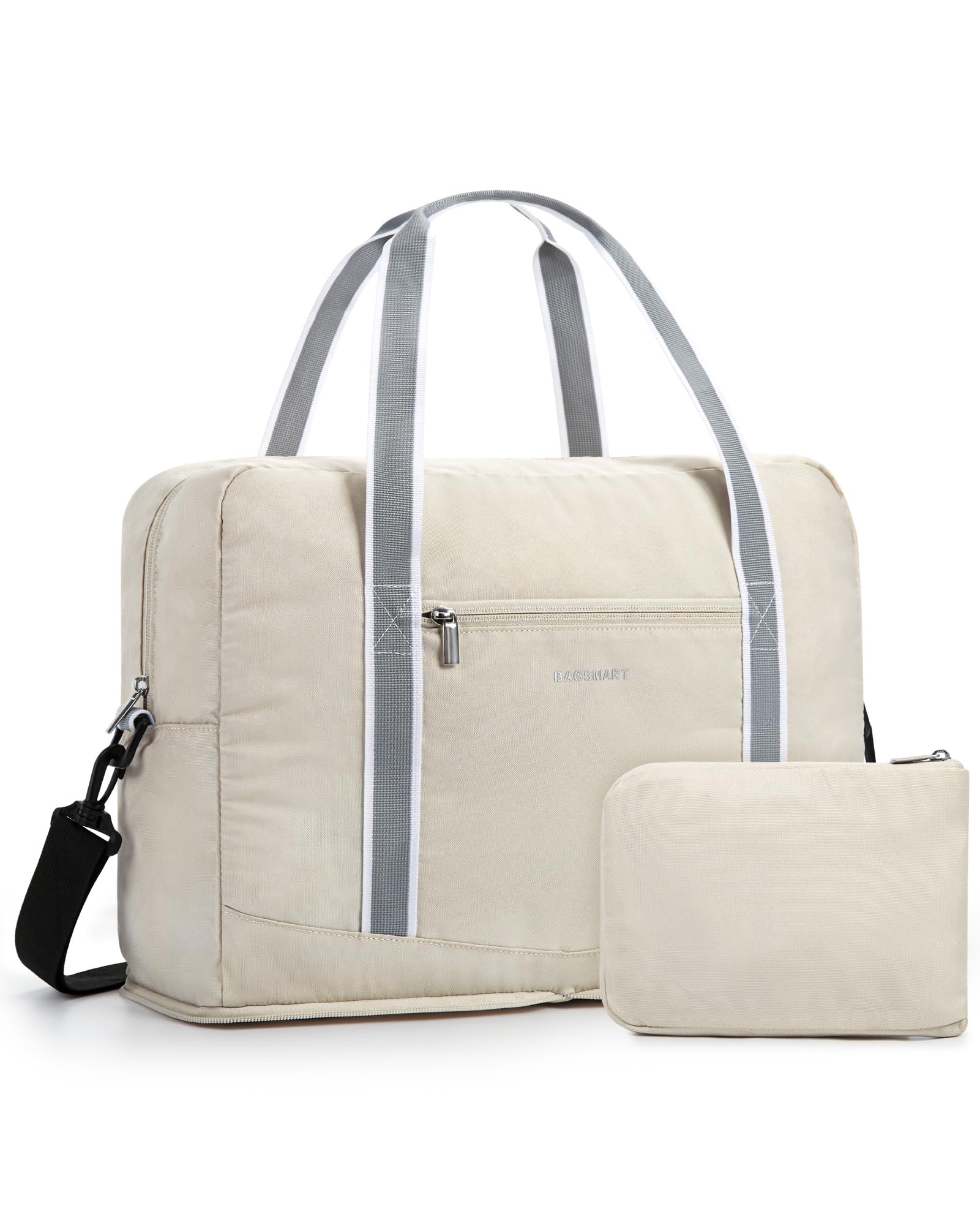 BAGSMART For Spirit Airlines Personal Item Bag 18x14x8, Foldable Travel Duffel Bag Tote Weekend Overnight Bag Carry on Luggage for Women and Men(Beige)