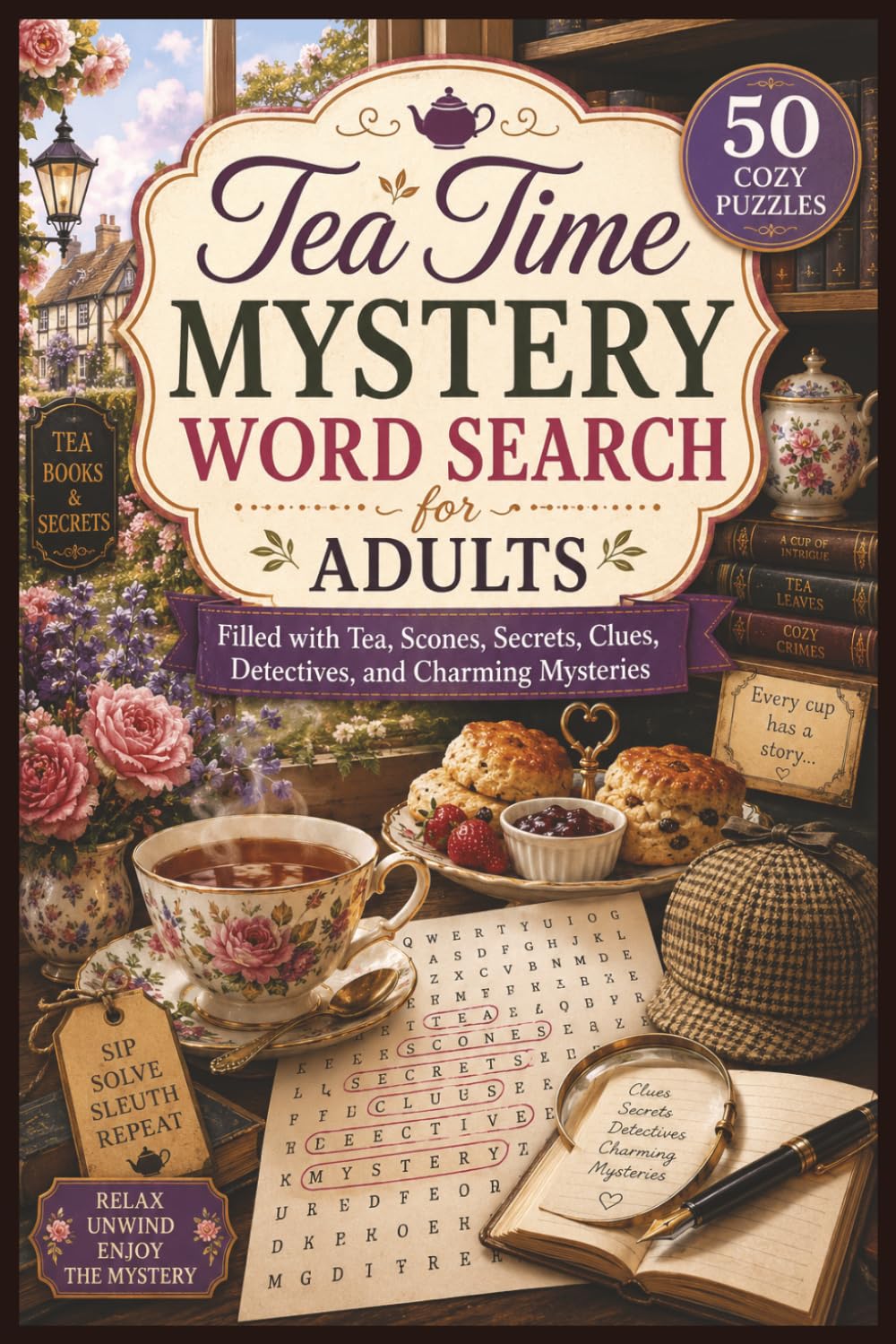 Tea Time Mystery Word Search for Adults: 50 Cozy Puzzles Filled with Tea, Scones, Secrets, Clues, Detectives, and Charming Mysteries (Word search books collection)