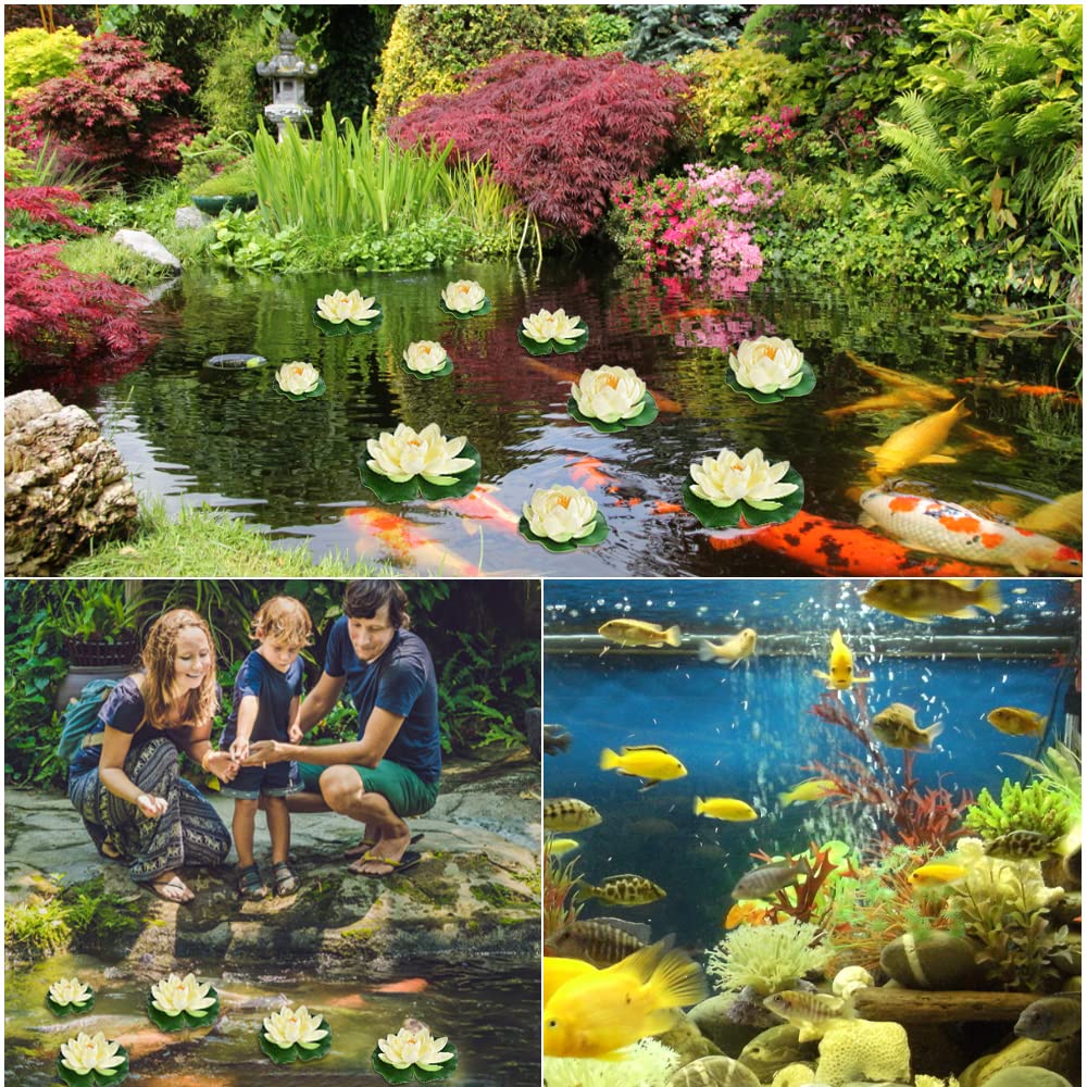 Set da 6 Ninfee Artificiali Galleggianti Fiori di Loto Finti Realistici 3 x 10cm e 3 x 18cm Decorazioni per Laghetti, Fontane, Acquari e Piscine, Resistenti agli Agenti Atmosferici (Beige)