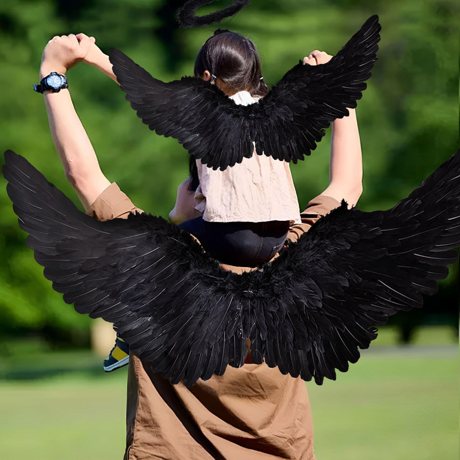 3 Pièces Ailes De Fée Enfants 60cm - Costume Carnaval Avec Halo Ange Et Baguette - Déguisement Ange & Diable Pour Fête Et Cosplay (Noir)