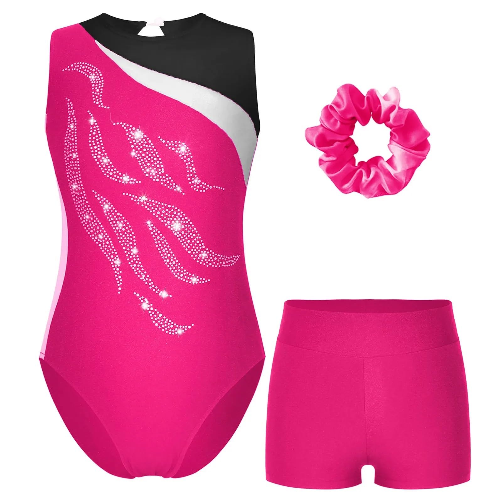 Maillot Gimnasia Ritmica Niña Conjunto de Ropa de Baile de Ballet for niñas, Leotardo de Gimnasia sin Mangas, Leotardo de Patinaje con Parches y Calzoncillos Tipo bóxer(Rose,8Y)