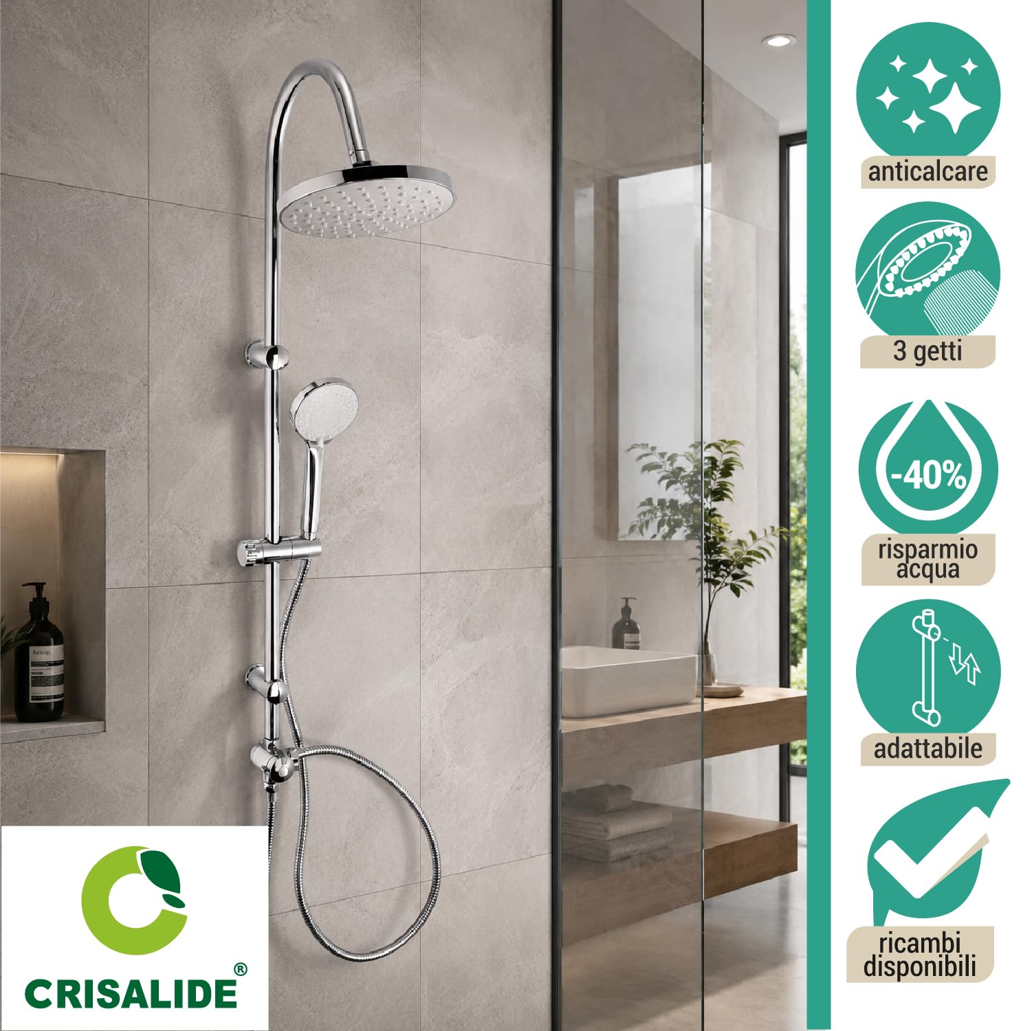 Crisalide® - Ducha Mix cromada con alcachofa Ø 20 cm, ducha 3 chorros y barra ajustable, columna de ducha de acero cromado y ABS con desviador y toma de agua 1/2"