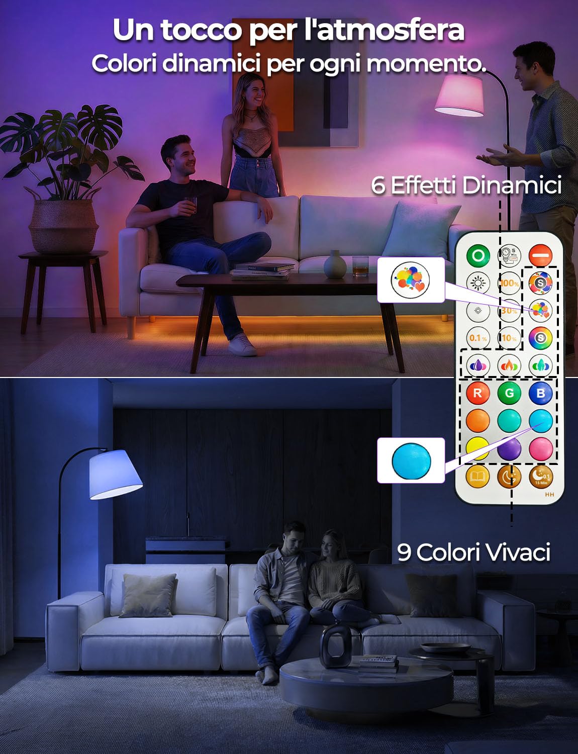 Piantana Lampada da Terra ad Arco Salotto LED Moderna, 170CM Doppio Controllo con Telecomando e Interruttore a Piede, 9 Colori +6 Dinamici, Lampadina Dimmerabile, CRI92, 1200LM, per Soggiorno e Camera