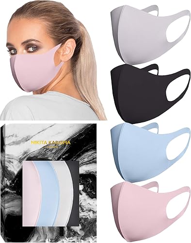 KARIZMA Styling Essentials - Mascarilla de tela, 4 máscaras suaves como la mantequilla, tela lavable. (clásica) rosa, gris suave, azul y negro,