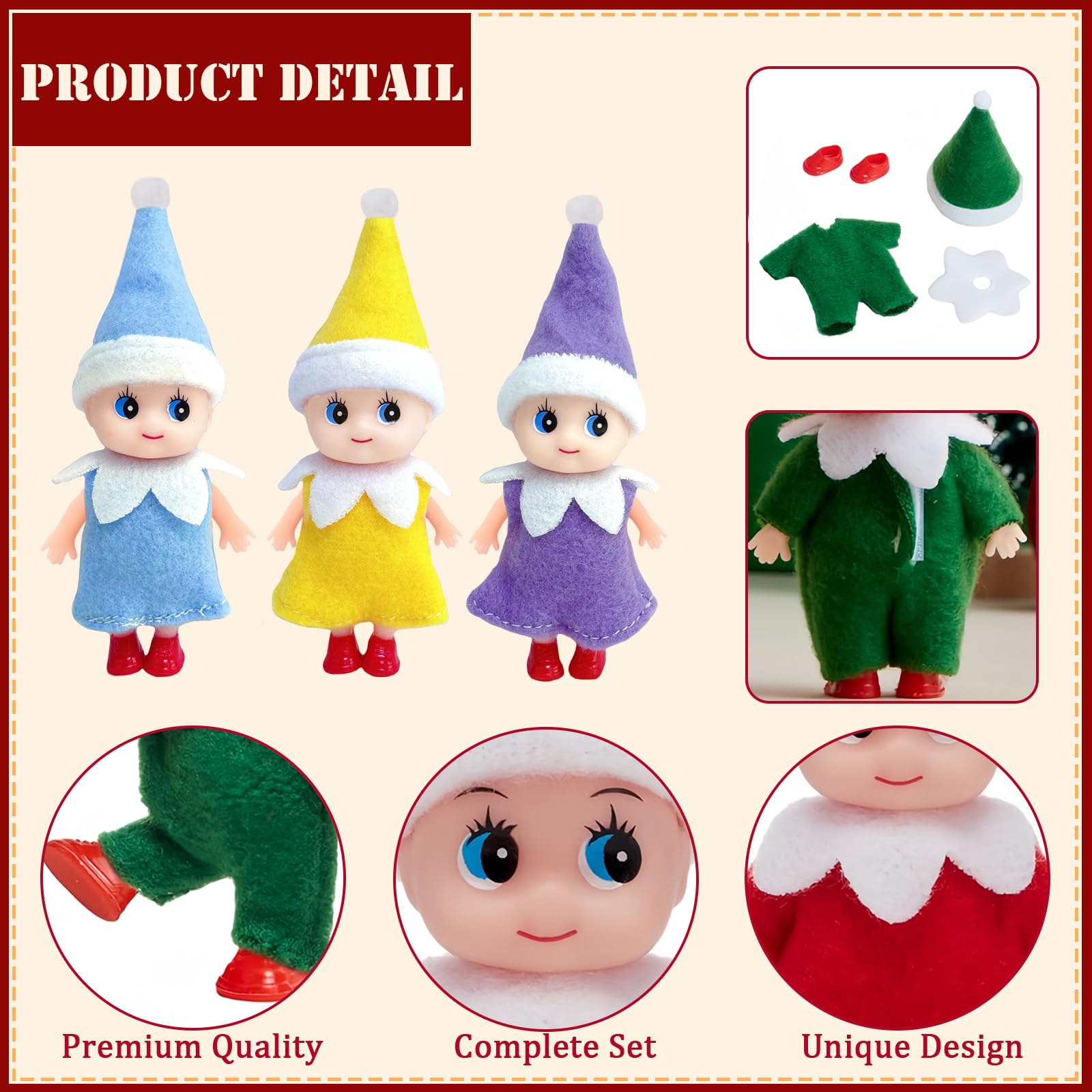 3pcs Mini Baby Elves Christmas Elf Baby Dolls for Girls Boys,Cute Little Elfs Twins Tiny Christmas Dolls Elf Accessories,Girl Elf Small Elf Baby Doll Elf Novelty Gift for Kids Xmas Stocking Stuffers - Image 3