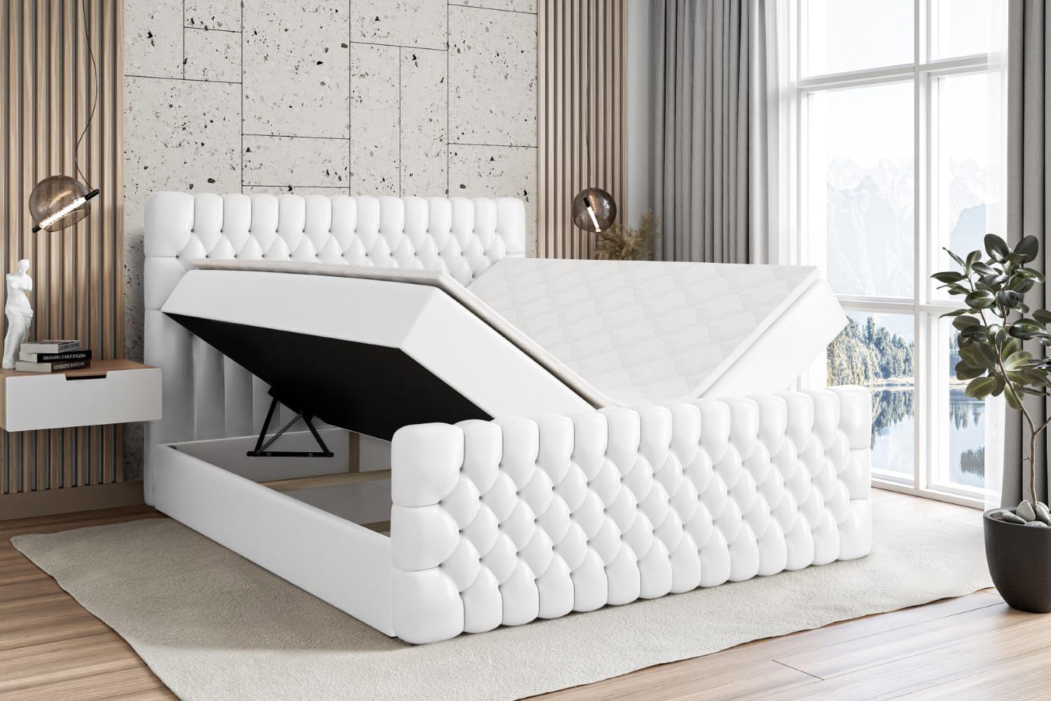 ALTDECOR Boxspringbett mit Matratze und Lattenrost, Boxbett, Topper, Fußteil, Polsterbett mit Bettkasten, Bett mit Stauraum H3-Matratze, Doppelbett, Springboxbett -Serene-Z - 180x200 Weiß Kunstleder