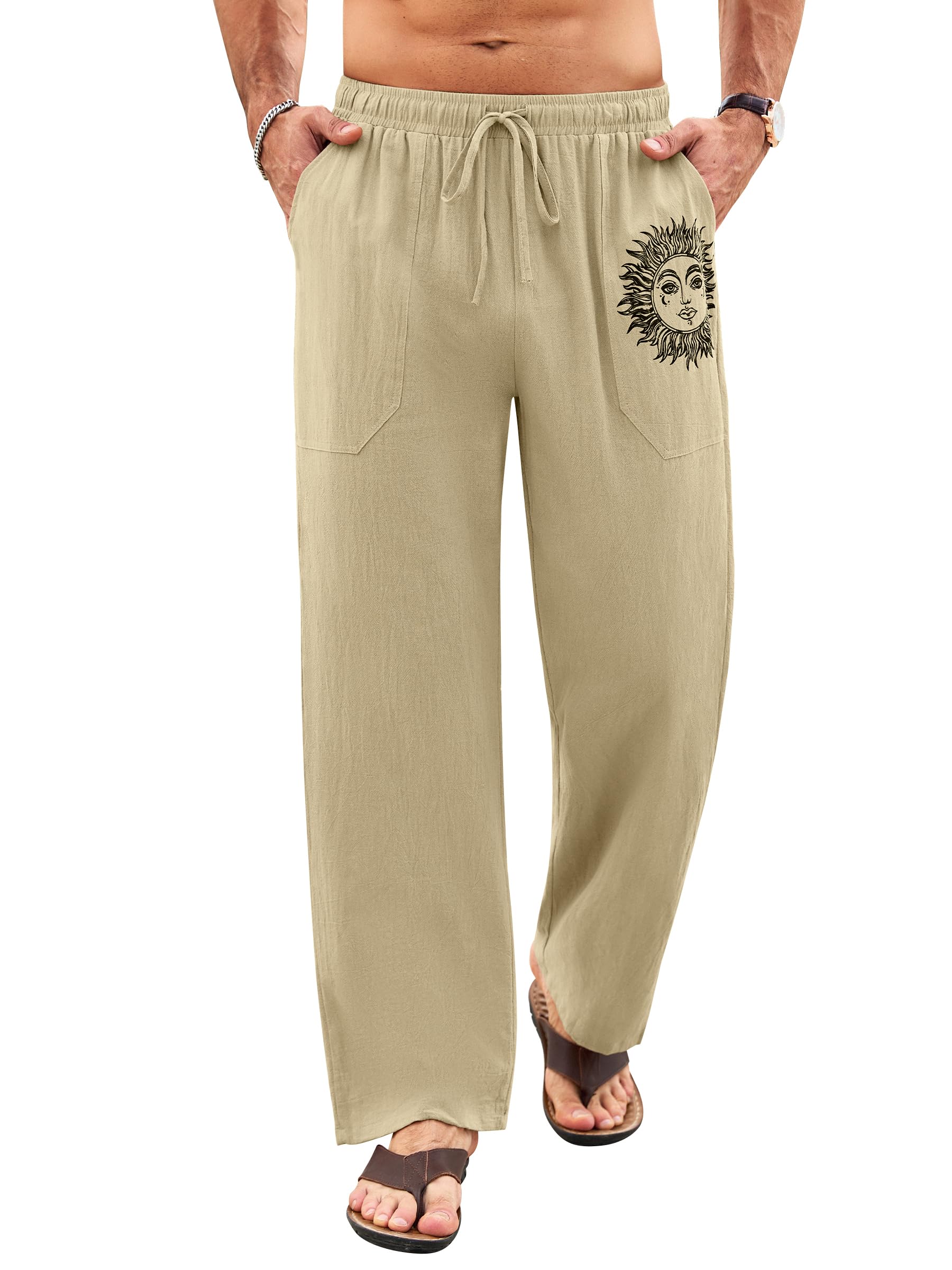 Litthing Pantaloni Lino Uomo Pantalonis da Jogging in Cotone Estivi Casual Tasche Pants Larghi Coulisse Pant Comodi e Leggeri Mare