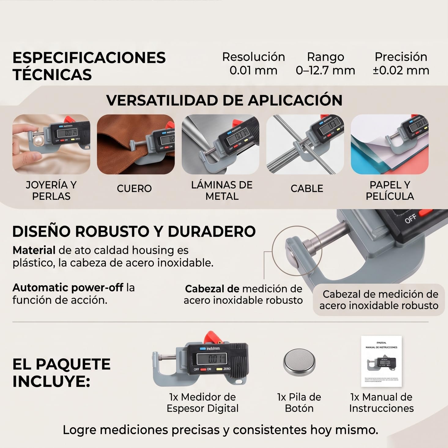 Jauge d'épaisseur numérique, grand écran rétroéclairé et précision élevée, micromètre en acier inoxydable pour mesure précise de bijoux papier plastique et métaux fins