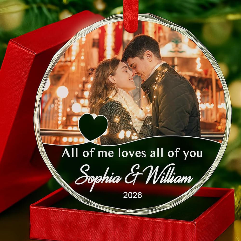 Personalized Couple Photo Crystal Ornament - Customize Your Favorite Photo, Romantic All of Me Loves All of You Glass Ornament As Valentine Gifts, Gift for Him Her Boyfriend Girlfriend Or Loved One