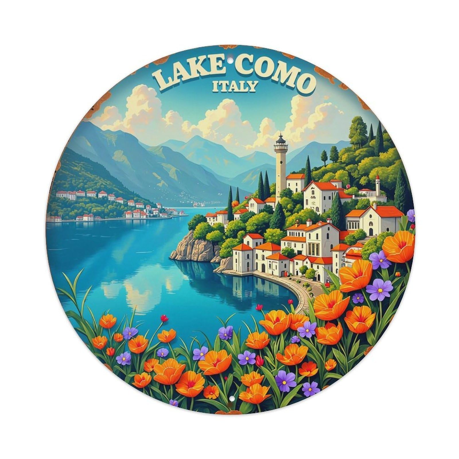 Lake Como Italy Scenic View Vintage Metal Tin Sign Retro Wall Decor for Home Bar Garage Cafe, Indoor & Outdoor Decorative，circle Metal Poster, 8x8 Inch