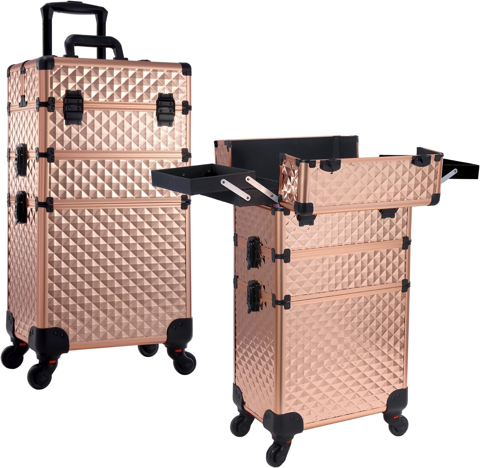 Frenessa Rolling Makeup Train Case 3 in 1 Professional Cosmetic Trolley Large Storage with keys Swivel Wheels Salon Barber Case Traveling Cart Trunk for Make Up Nail Tech - Vintage Rose Gold