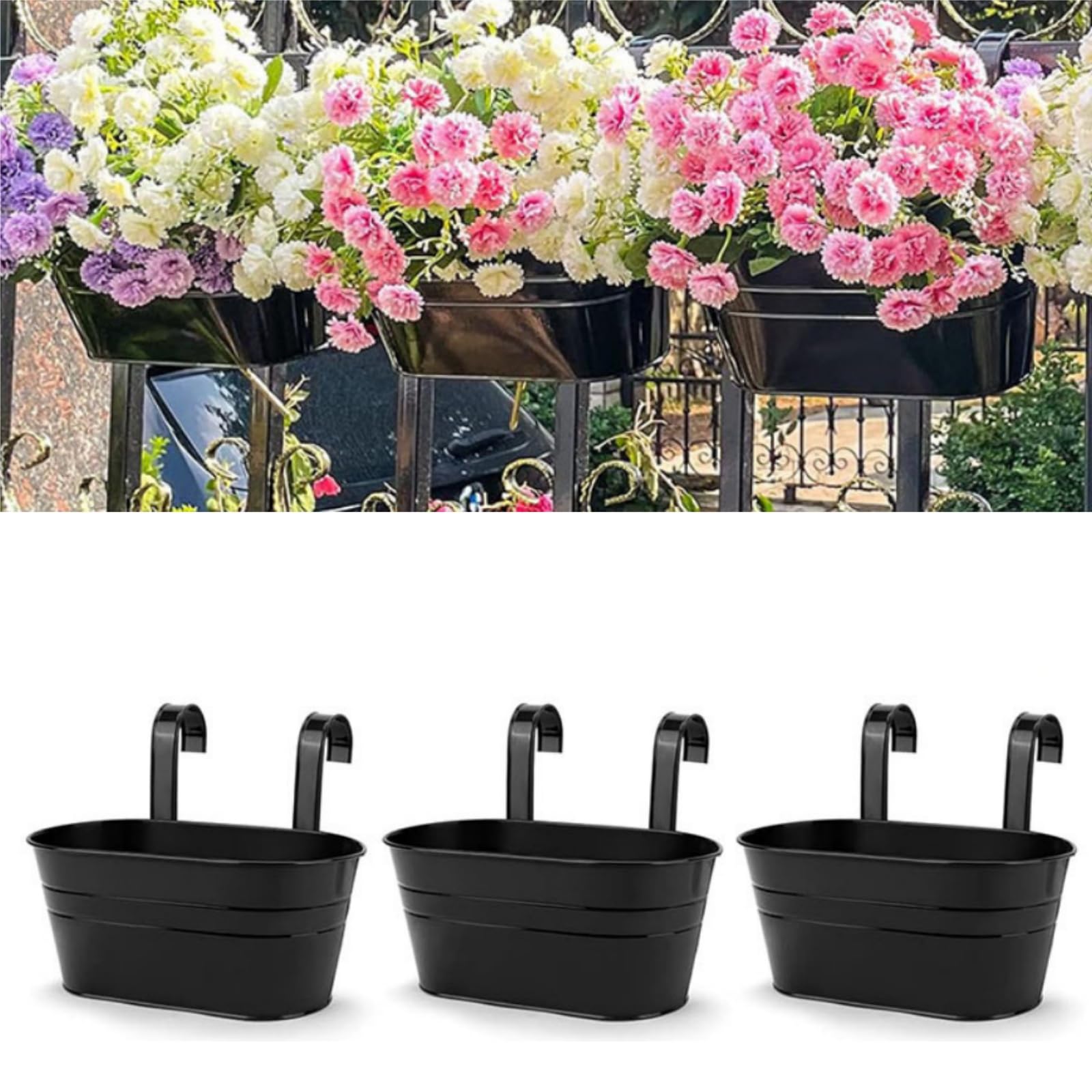 MEETOZ 3Pcs Hanging Flower Pots,27cm Metal Iron Wall Planter,with Detachable Hook Large Oval Fence Hanging Planters,for Balcony Fence Garden Home Decor
