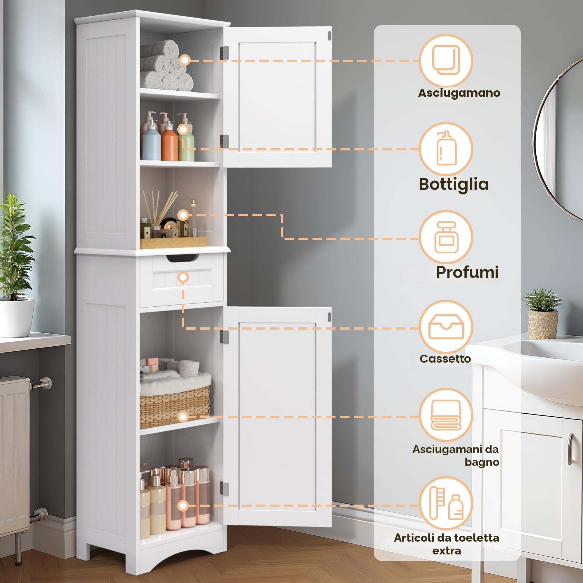 Mobiletto da Bagno Alto con Ripiani Regolabili, Cassetto, Scomparto Aperto, Porte Magnetiche e Protezione Antiribaltamento – 170 x 40 x 30 cm (Bianco)