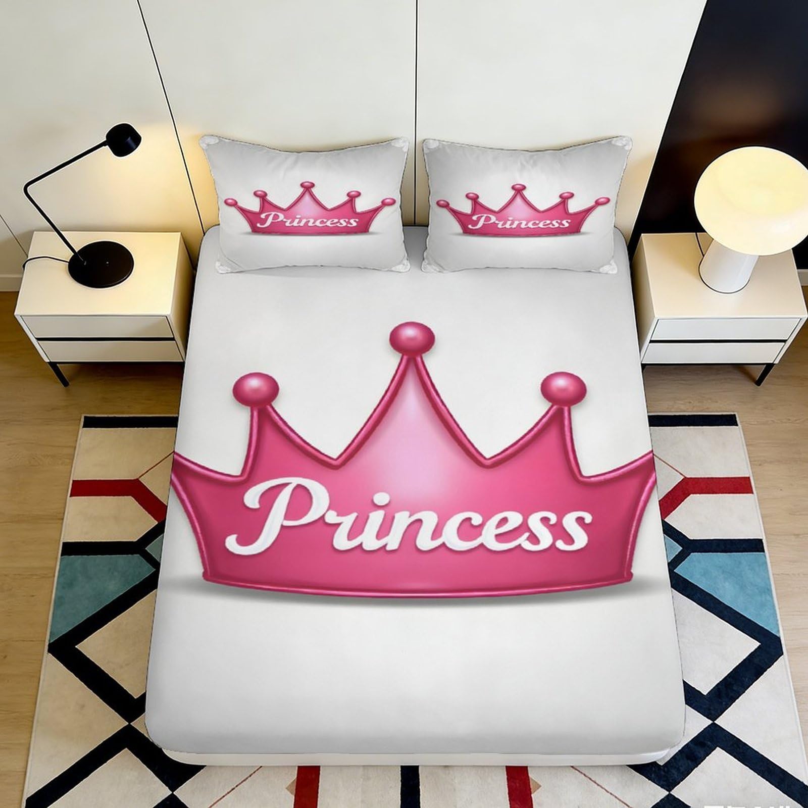3D Printed Princess Pink Crown Fitted Sheet Microfiber Soft Breathable White Bed Cover for Bedroom Dormitory Guest Room Mattress Protection Decor 90x200x25cm