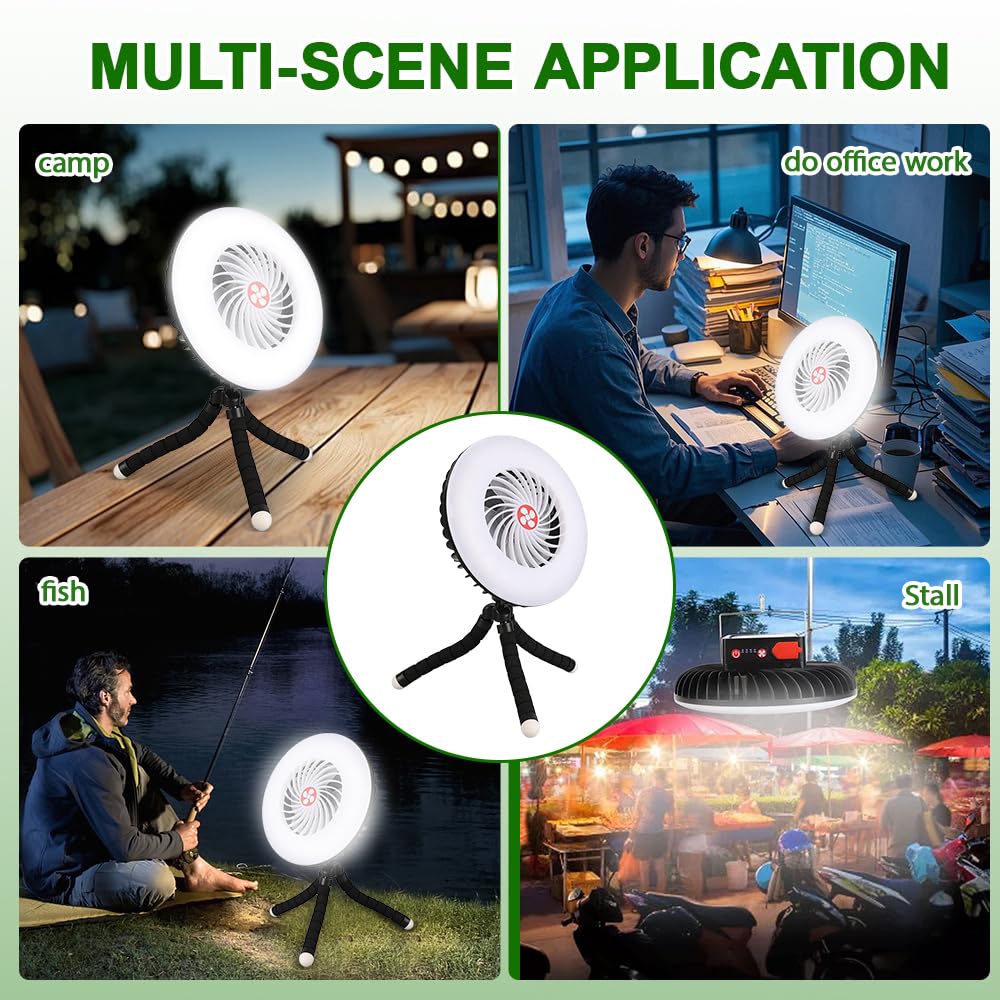 LED Campinglampe mit Ventilator USB Aufladbar, 2-in-1 Tragbarer Camping Ventilator mit Licht, Campingventilator mit Magnet und Hanging Haken, Zeltventilator für Wandern Angeln Strand Wohnwagen